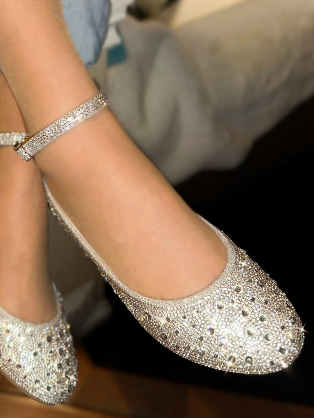 New Bling Silver Rhinestone Embellished Ankle Strap Ballet Flat Shoes Ballerina